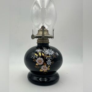 Lamp Light Farms Large Oil Lamp Black Glass Base Blue Flowers Gold Leaf Accents
